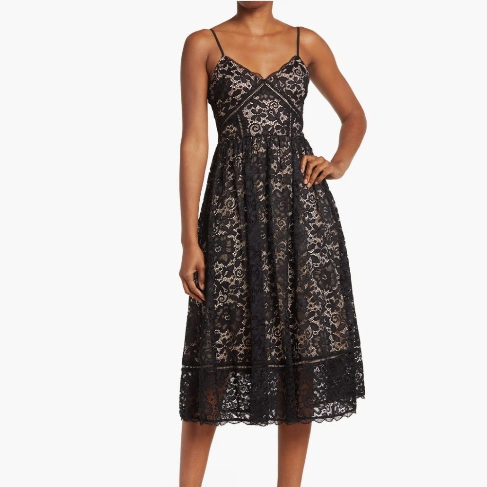NSR Crochet Stretch Black Lace Midi Dress Small Women Lined feminine Strap